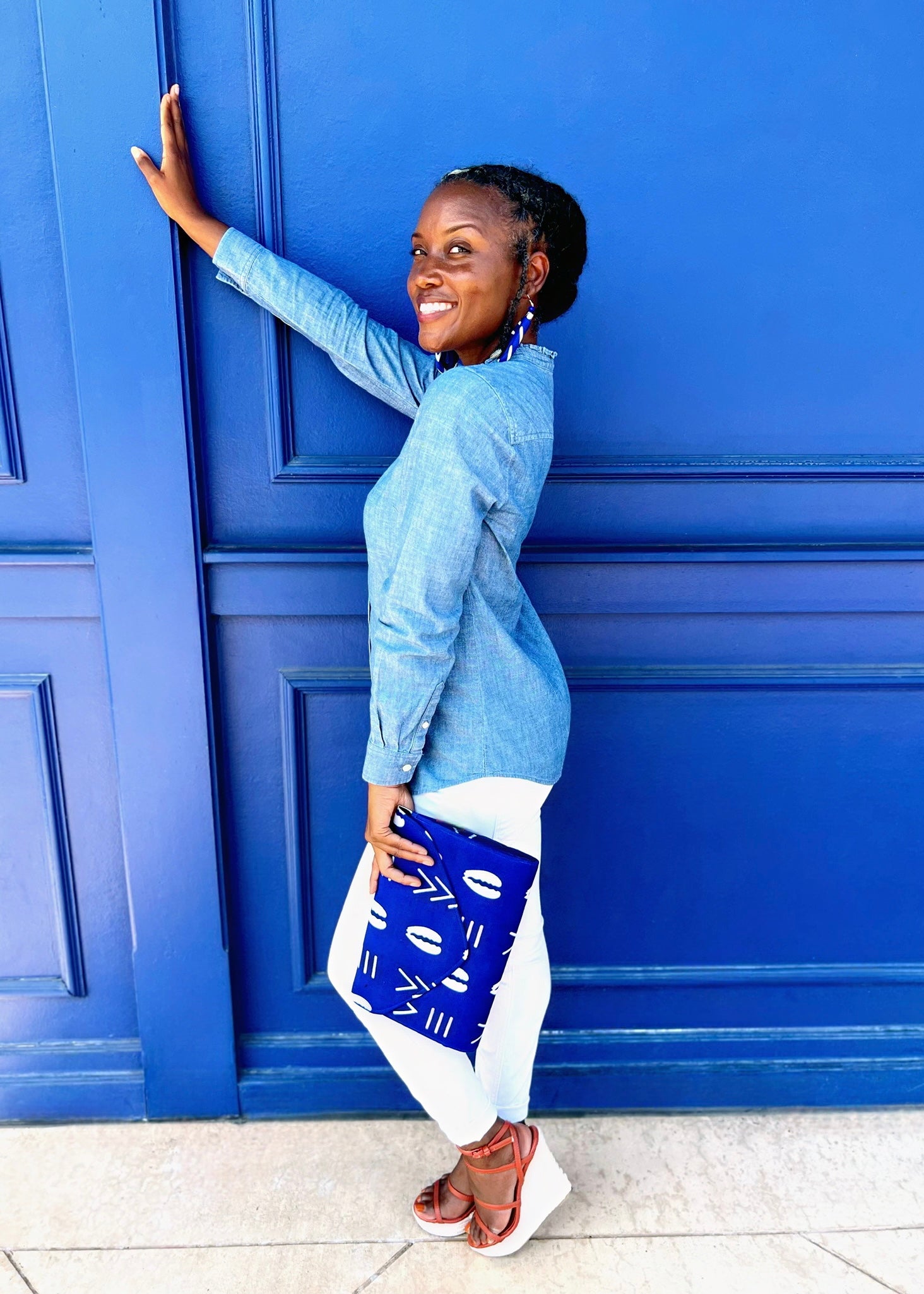 Blue and White Cowrie Envelope Clutch